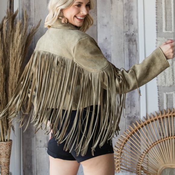 Olive Green Western Cropped Fringe Jacket - Picture 2 of 2